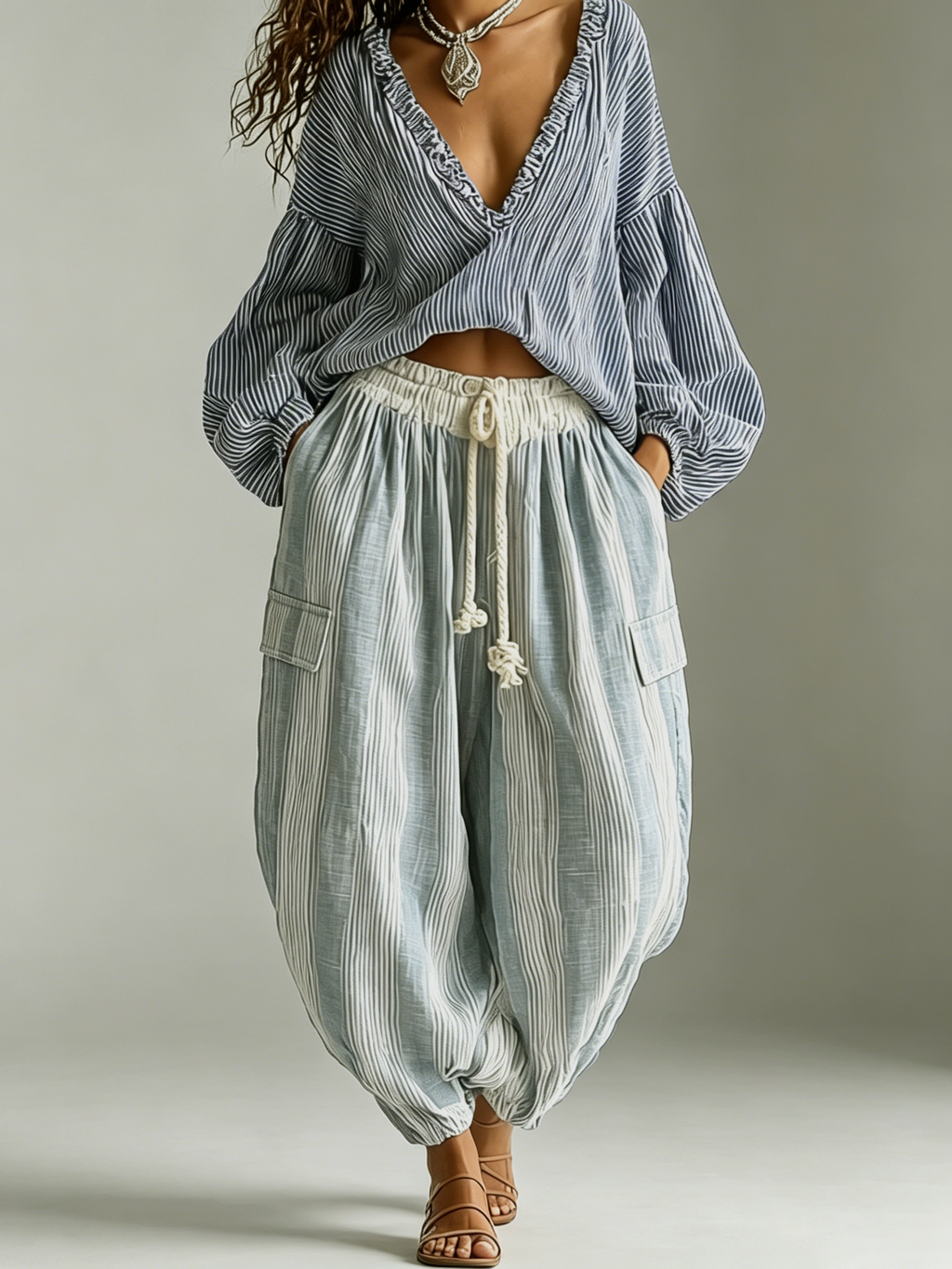 Aurora Conjunto Bohemio de Dos Piezas: Top de Mangas Farol a Rayas y Pantalón Farol