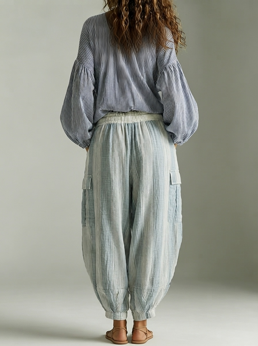 Aurora Conjunto Bohemio de Dos Piezas: Top de Mangas Farol a Rayas y Pantalón Farol