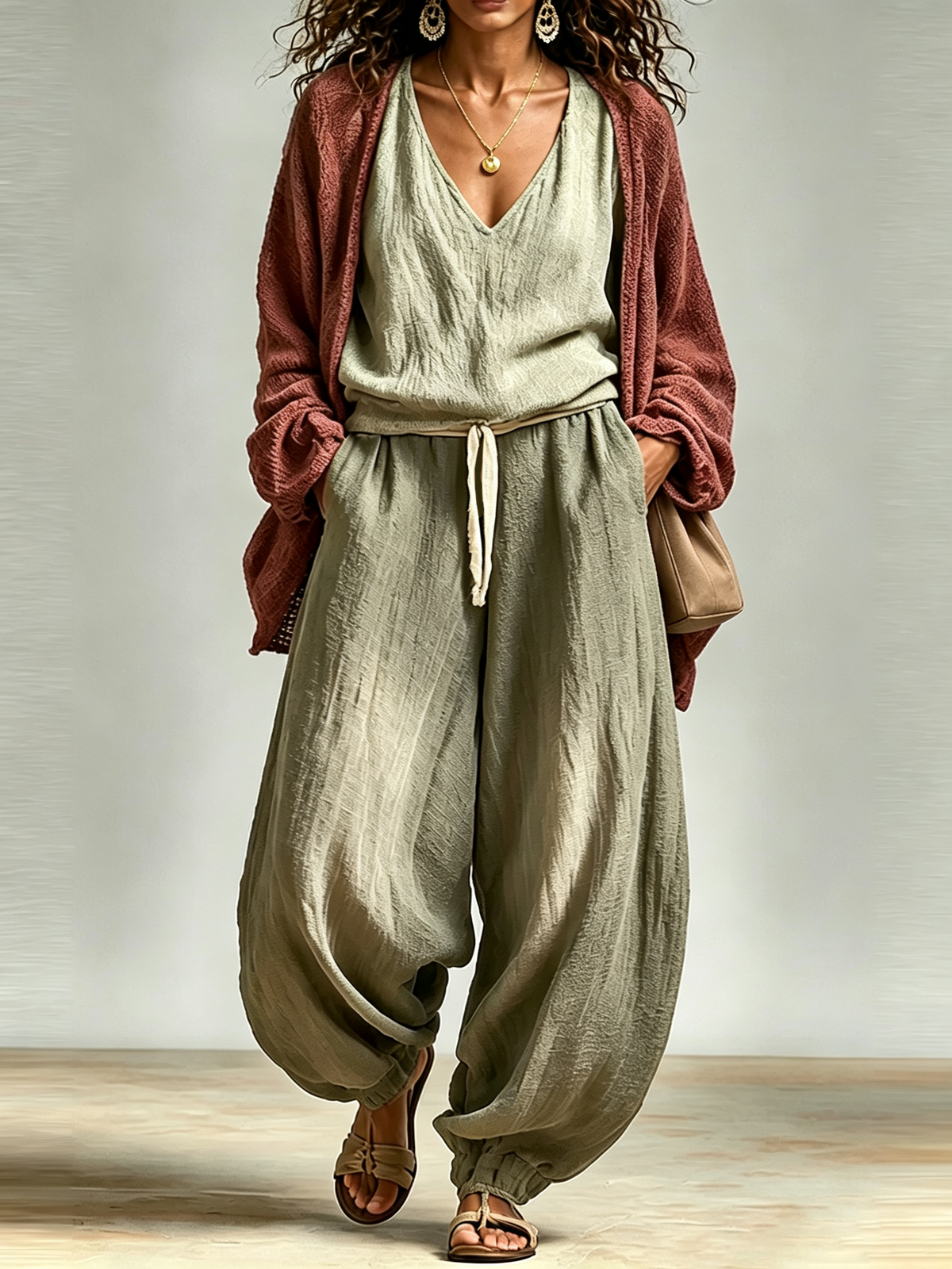 Ariadna Conjunto Casual de Tres Piezas: Top, Pantalón Harem y Cárdigan de Punto