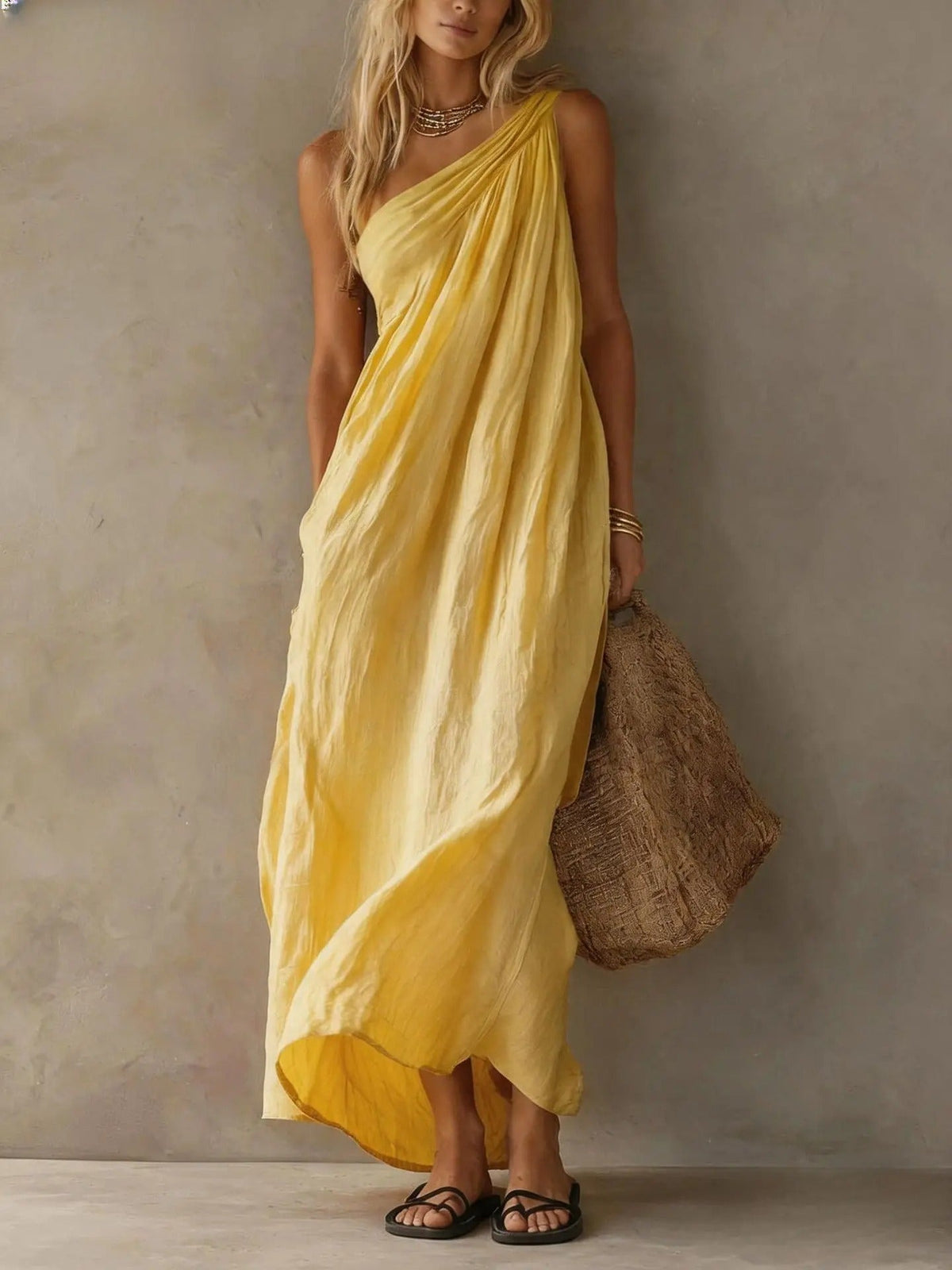 Aida Vestido Maxi Asimétrico de Efecto Lino